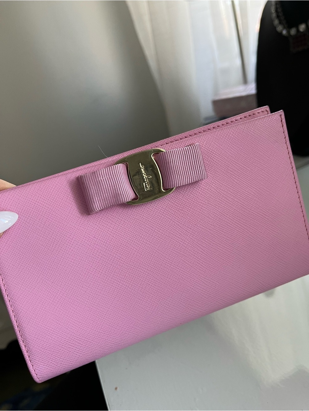 Salvatore Ferragamo Pink Bow Continental Wallet on chain